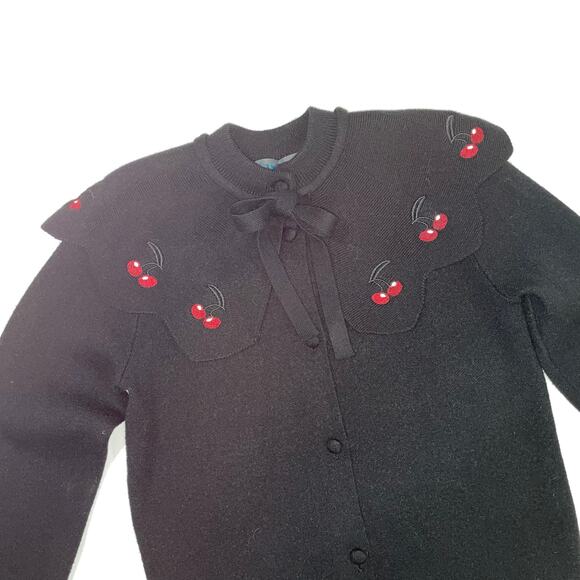Fraze Black Cape Detailed Shoulder Sweater Cherries Tie Vintage Inspired Size 12 - Picture 11 of 16